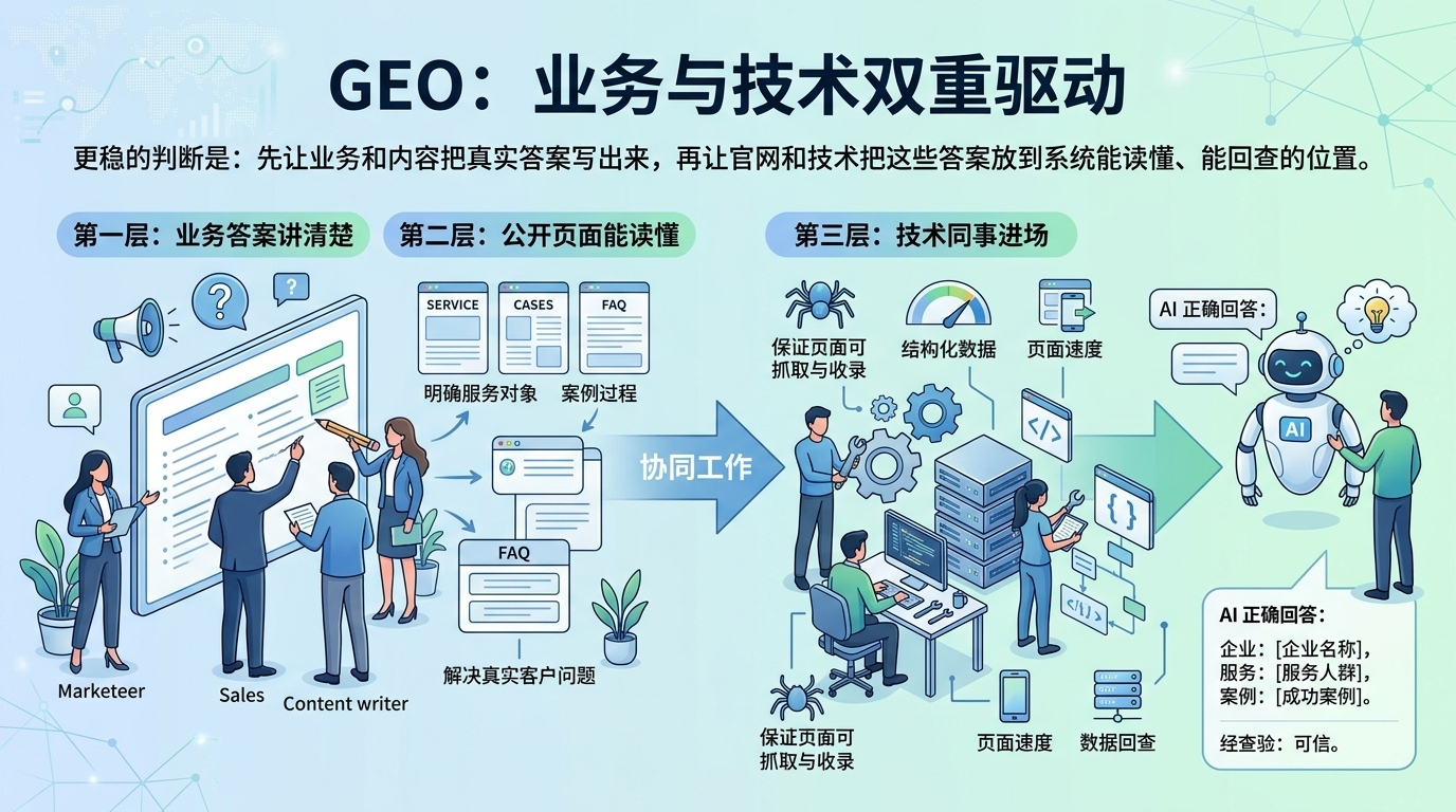 GEO 不一定要求操作者先会写代码，但不能完全不懂技术边界。